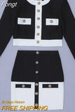 2023 New Aummer 2 Piece Suit Patchwork Black White O-Neck Long Sleeve Pocket Button Button Mini Hip Skirt Female