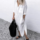 Women Long Shirt Dress Spring Summer Long Sleeve Loose White Dresses Casual Lapel Button Side Split Dresses Female Vestidos