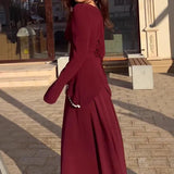 Fongt New Women's Square Collar Long Sleeve Elegant Pearl Decoration Splicing Long Dress