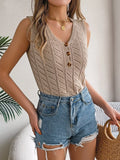 Shooting Summer New Solid Color Button V Collar Hollow Sleeveless Top Holiday Knitwear Women's