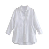Women Spring Fashion With Side Vents Loose Linen Shirts Vintage Long Sleeve Button-up Female Blouses Blusas Chic