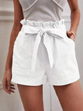 Fongt 2025 Summer Women's Loose Flax Leisure Shorts Pocket Solid Colored High-Rise Broad Legs