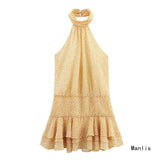 Fongt Summer New Cascade Decoration Hanging Neck Print Short Dress