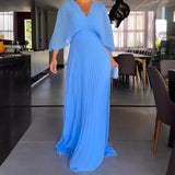 Fongt New Fall 2023 Solid Color V-Neck Bat Sleeve High-Waisted Dress-Outfit