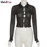 Puss Knitting See Through Black T-Shirts Women Fall Trend Long Sleeve Ruffles Skinny Tops Button Soft Casual Autumn