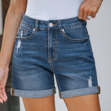 Summer New Female Straight Tube Worn Rolled Edge Denim Shorts-Outfit