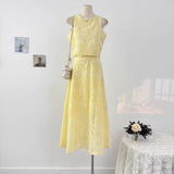 Fongt Retro Hollow Hook Design Set Women's Summer Sleeveless Vest Top High Waist Tight Skirt