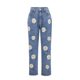 Little Daisy Jeans For Women 2020 Autumn Winter Spring Blue Zipper Print Mom Denim Trousers Vintage Fashion Pants
