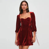Velvet Square Neck Puff Long Sleeve Mini Dress-Outfit