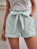 Fongt 2025 Summer Women's Loose Flax Leisure Shorts Pocket Solid Colored High-Rise Broad Legs