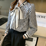 Loose Women's Shirts New Fashion Blouses Casual Long Sleeve Blusas Houndstooth Buttons Bow Tie