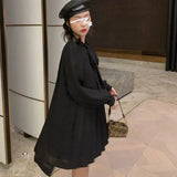 Women Preppy Style Trendy Bows Design Simple Ins Folds Ulzzang Solid Cozy Elegant Tender Ladies Casual Daily Chiffon