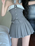 Style Jk Uniform Summer Suit Women's Suit Jacket Sexy Breast Vest High Waist Pleated Skirt Three-Piece Set-Outfit