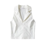 Trendy Women's Vest Fashion Temperament Solid Color Collar Sleeveless Lapel Retro Elastic Spicy Girl Navel Blouse-Outfit