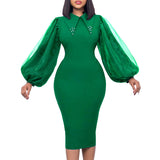 Fongt Women's Spring And Autumn Long-Sleeved Large-Size Bag Hip Nail-Bead Mesh Splicing Commuter Pencil Skirt Dress