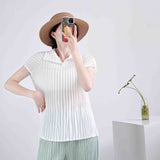 Fongt Folded Summer New High-End Pure Color Temperament Elegant Collar Short Sleeve Blouse Hand Folding Top