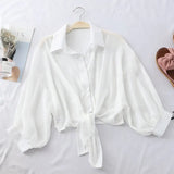 Shirts Women 2020 Summer Half Sleeve Buttoned Up Shirt Loose Casual Blouse Tied Waist Elegant Blouses For