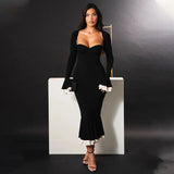 Solid Long Flared Two-piece Crop Sleeve Midi Dress-Outfit