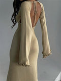 Women Knitted Long Dress Long Flare Sleeve Backless Tie-up Round Neck Solid Color Ruffles Hem Dress Beachwear Vestido-Outfit