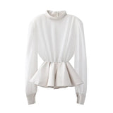 TWOTWINSTYLE Black Pu Leather Blouse Ruffle High Waist Patchwork Knitted Lantern Sleeves Streetwear Blouses 2021 Fashion