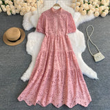 Version Dress Summer Lapel Hollowed-Out Embroidery Aging Bubble Sleeve Loose Medium And Long Bohemian Holiday Dress-Outfit