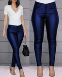 Fongt Women's Pants Solid Color PU Leather Pants Sexy Small Foot Pants Spicy Trousers High Waist Thin
