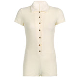 Ladies Short Sleeve Mini Playsuits Solid Color Buttons Lapel Romper Jumpsuits Shorts Women Casual Homewear Clothes
