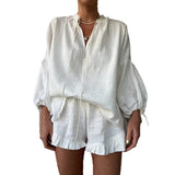 Fongt 2024 Fashion Suit New Women's Long Sleeved Shirt Shorts Loose Pure Color Lace Fashion Suit Women