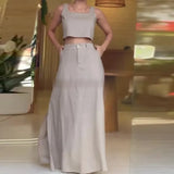 Fongt 2024 New Square Collar Short Sleeveless Sling High-Waisted Skirt Casual Suit-Outfit