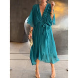 Fongt New Women's Solid Color With Long Skirt Bat Sleeve Irregular Dress