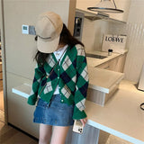 Fongt And Winter New College Temperament Small Knit Coat Female Retro British Wind Diamond Grid V-Neck Sweater Cardigan-Outfit