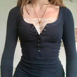 Patchwork Lace Buttoned Long Sleeve Tee-Outfit