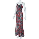 Flower Print Mesh Slip Maxi Dress-Outfit