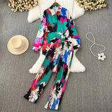 Fashion Suit Women's Casual Loose Long-sleeved Single-breasted Shirt Two-piece High Waist Slim Tie-dye Printed Wideleg Pants-Outfit
