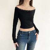 Cute Bow Black Slash Neck Crop Top Vintage 2000s Lace Patchwork Long Sleeve Basic T-shirt Women Casual Korean Fashion Tee-Outfit