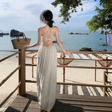 Fongt Holiday Style Hanging Neck Tie With Open Back Sexy Halter Dress Hollow Out High Waist Temperament Long Skirt Summer-Outfit