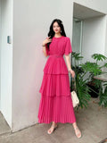 Fongt Familiar With The Style Of Temperament Short-Sleeved Round Collar To Close The Waist Thin Cake Dress Dress Dress Woman