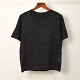 STREET Newest 2022 Fashion Women's Hollow out Short Sleeve Monogram Jacquard Knit