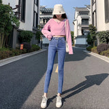 Fongt New Fall 2024 Model Wears High-Waist Elastic Tights, Pencil Pants, Blue And Gray Jeans, Children's Clothes-Outfit