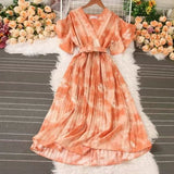Fongt French Crumlom Dyed Summer New Waist Display Thin And Long Elegant Folded Chiffon Dress Holiday Woman