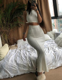 Gray Stretchy Snug Outfits Women Party Tank Tops And Long Ruched Skirts Sets Summer Two Piece Matching