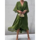 Fongt New Women's Solid Color With Long Skirt Bat Sleeve Irregular Dress