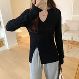 Sense Of Design For A Minority Split Sweater The New Autumn Style Shows A Thin V-Neck Long-Sleeved Blouse.-Outfit