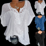 Women Hollow V-Neck Embroidered Short-Sleeved Bat Sleeve Shirt Top Elegant Black/White/Blue Exquisite and Breathable Blouses-Outfit