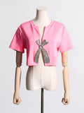 Fongt Summer New Set Diamond Sequin Bow Design Sense Short-Sleeved T-Shirt Women's Niche Design Sense Short Jacket-Outfit