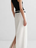 Solid Skirt Women 2023 Spring Fashion Low Rise Waist A-line Straight White Faldas Bottom Simple Elegant Slit Maxi Skirts-Outfit