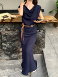 Fongt Xixi 2025 Spring And Summer Temperament Retro T-Shirt + High Waist Half-Dress Two-Piece Suit Woman 89322