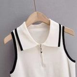 New Summer Lapel With Color Zipper Knitted Vest Shows The Navel Short Style Blouse.-Outfit