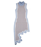Asymmetrical Wavy Hem Round Collar Knit Midi Dress-Outfit