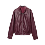 Fongt Women's Dress 2025 New Retro Simple Collar Zipper Leather Jacket